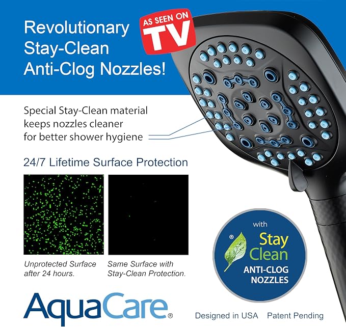 AquaCare 4X 10-Mode High Pressure Hand Shower w/Filter & 2-mode Power Wash | Filters Chlorine & Toxins, Softens Hard Water for Healthy Skin & Hair. Handheld Power Head Cleans Tub, Tile & Pets / Black