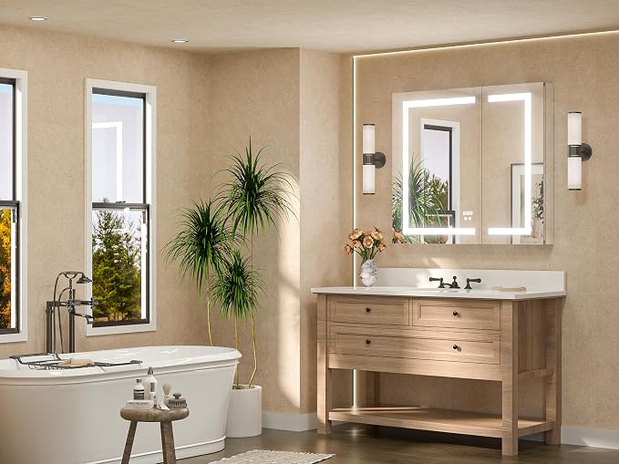 36 x 32 LED Lighted Bathroom Medicine Cabinet with Lights, 2 Door Recessed or Surface Mount Led Mirrored Medicine Cabinet, Tempered Glass, Outlets & USB, Adjustable Shelf, 3-Color Lights
