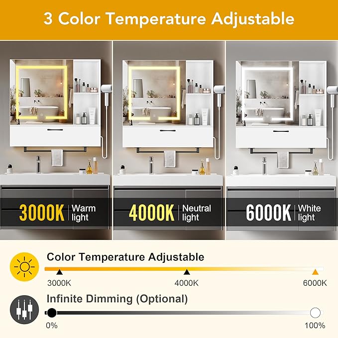 LED Lighting with Socket and USB Bathroom Medicine Mirror Cabinet,Color Changing Anti Fog Light Strip,Equipped with Hair Dryer Rack and Towel Rack,Embedded or Wall Mounted,White