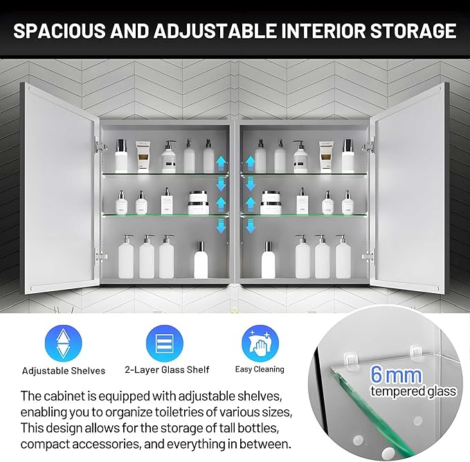 40 x 24 Medicine Cabinet Mirror for Bathroom,Assembly Required,Aluminum Alloy Frame,Surface-Mount Only,Mirrored Side Panel,Adjustable Shelves,Bathroom Medicine Cabinet with Mirror