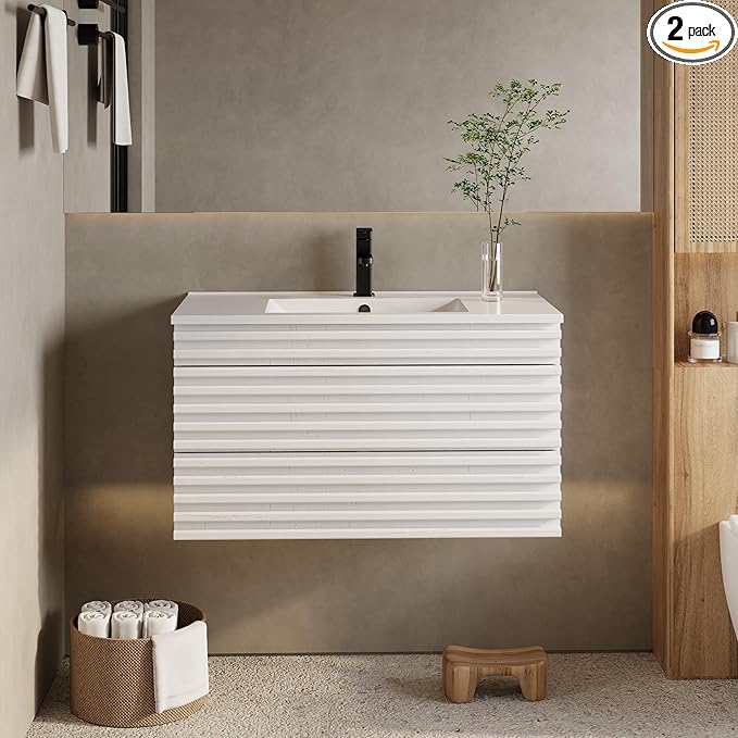 eclife 36" Floating Bathroom Vanity with Sink Combo Mid-Century Wall Mounted Cabinet with Wood Stripes Decor, Drawers, Undermount Single Sink, Faucet, Drain, Mixed White