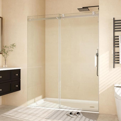 Sliding Shower Door, 44-48 inch W×76 inch H Glass Shower Door with Stainless Steel Frame, One Fixed One Sliding Panel, Brushed Finish, Ideal for Bathroom Tub