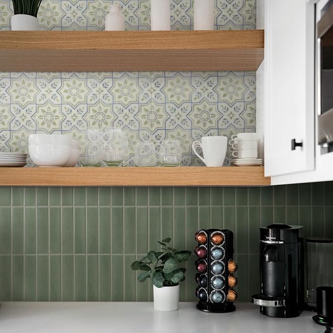 Smart Tiles Peel and Stick backsplash, Stacked Olive Green, 11.43"x9" | Pack of 5 (3.5 sq ft), Matte, Heat/Moisture Resistant, Low VOC, Kitchen/Bathroom, Renter Friendly, Made in Canada