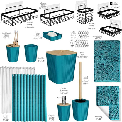 Clara Clark Bathroom Accessories Set - 27PC Bathroom Set with Adhesive Corner Shower Caddy Hanging, Bathroom Sets with Shower Curtain and Rugs, Teal Shower Curtain Set with Bathroom Trash Can | 27 Piece Bathroom Sets with Shower Curtain and Rugs with S...