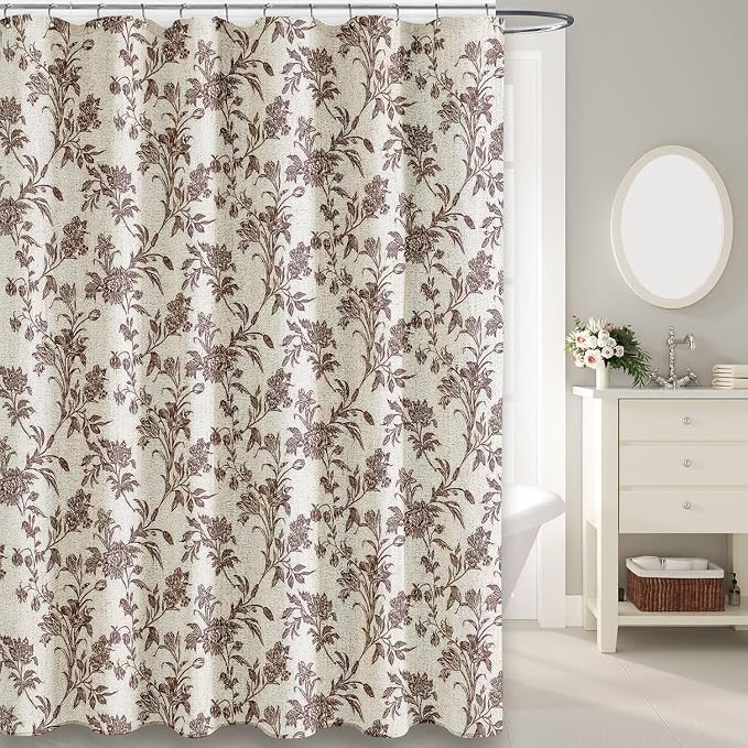 WOUVMA Extra Long Brown Shower Curtain Floral Cotton Linen Cottagecore Shower Curtain for Bathroom 96" L x 72" W