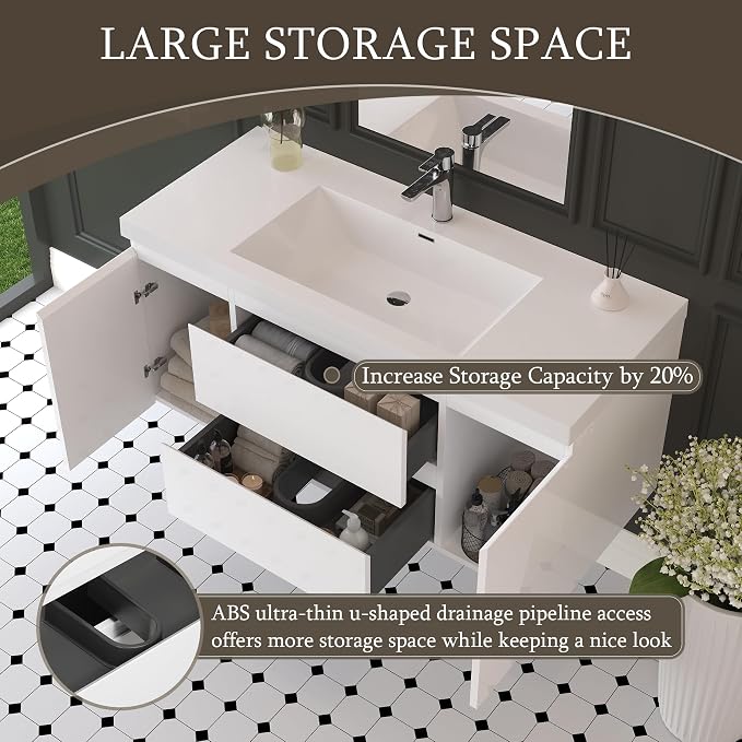 48 Inch Floating Bathroom Vanity with Sink, Large Storage Wall Mounted Floating Vanity with Soft Close Drawers, One-Piece Basin Bathroom Sink Cabinet (Glossy White, 48 Inch)
