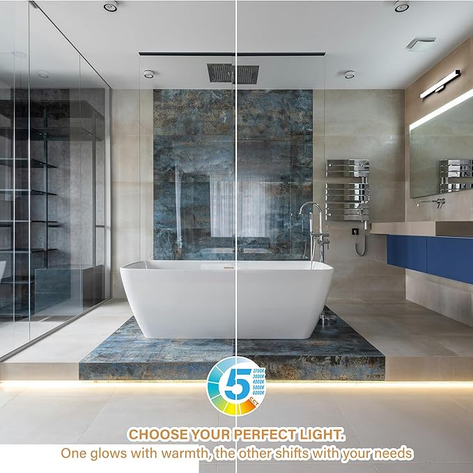 18 Inch Bathroom Vanity Light Fixtures with Night Light: Long Square Wall Mounted LED Lighting Bar Over Mirror with 5CCT & 2200K Color Changing, 120V, 780-900lm, ETL, Matte Black, 2 Packs