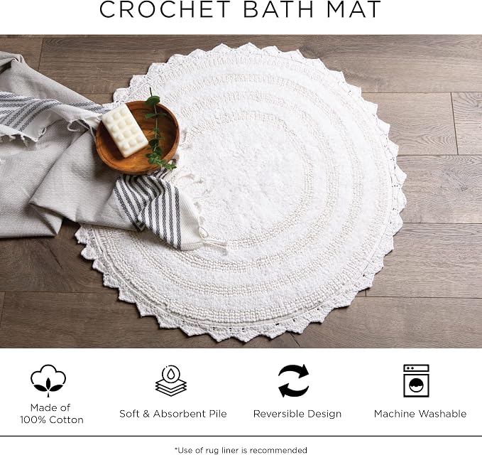 DII Crochet Collection Reversible Bath Mat, Round, 27.5" Diameter, Off-White
