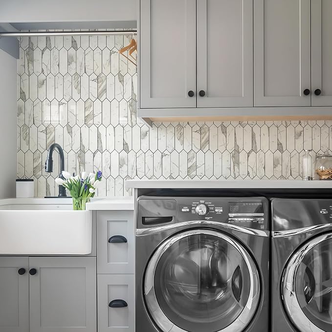 Vamos Tile Glossy Carrara White Backsplash Tile Peel and Stick, 12.8 x 12.8 Inch 10 Sheets Long Hexagon PVC Self Adhesive Mosaic Wall Tiles Stick on Backsplash for Kitchen and Bathroom