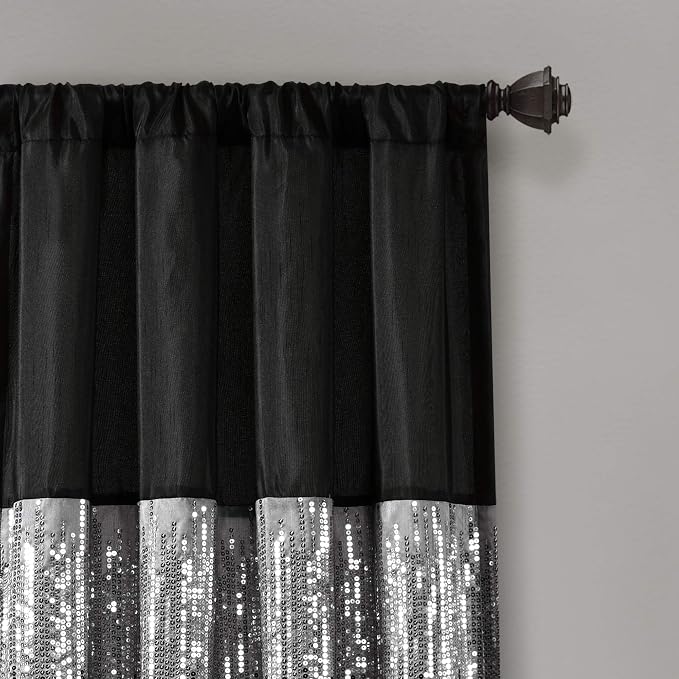 Lush Decor Night Sky Window Curtain Panel, Single 42"W x 84"L Black & White - Sequin Backdrop Curtain - Room Darkening Curtains For Bedroom - Glam Decor