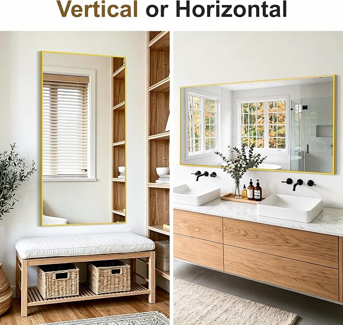 Bathroom Vanity Mirror for Over Sink, 60x30 Inch Matte Gold Mirror | Shatterproof Tempered Glass, Anti-Rust Metal Frame, Rectangle Wall Mirrors for Bedroom, Living Room & Entryway