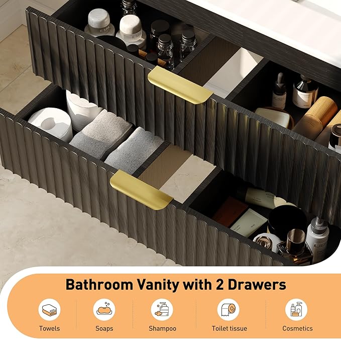 30 Inch Floating Bathroom Vanity with Sink, Bathroom Wall Cabinet with 2 Fluted Drawers & Metal Handle, Wall Mounted Cabinet for Bathrooms (Black, 30 inch, with Sink)