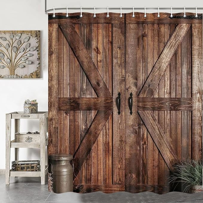 Rustic Barn Door Shower Curtain Set for Bathroom, Farmhouse Western Bathroom Decor Curtains, Vintage Countryside Brown Wood Board Waterproof Fabric Bath Curtains with Hooks 70 x72 inch