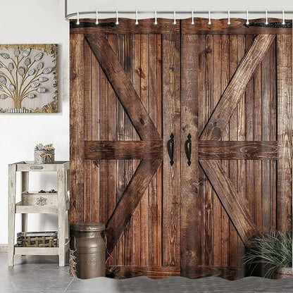 Rustic Barn Door Shower Curtain Set for Bathroom, Farmhouse Western Bathroom Decor Curtains, Vintage Countryside Brown Wood Board Waterproof Fabric Bath Curtains with Hooks 70 x72 inch