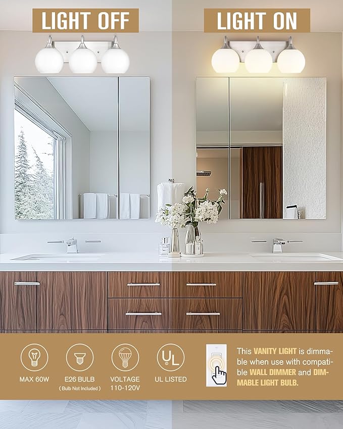 Emak 3-Light Bathroom Vanity Light, Modern Brushed Nickel Bathroom Light Fixtures Over Mirror with Milk Glass Shade, Globe Vanity Lights for Mirror, Bath, VL118-BN-ML-3
