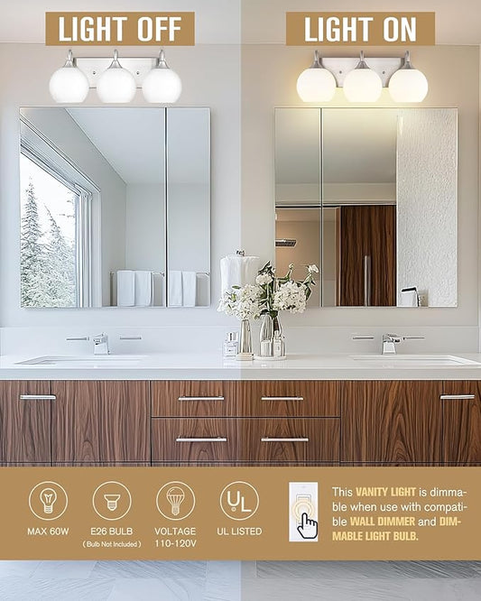 Emak 3-Light Bathroom Vanity Light, Modern Brushed Nickel Bathroom Light Fixtures Over Mirror with Milk Glass Shade, Globe Vanity Lights for Mirror, Bath, VL118-BN-ML-3