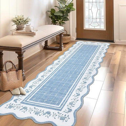 Garvee 2x6 Runner Rug Scalloped Kitchen Runner Rug Entryway Runners Blue | Washable Non Slip Modern Bordered Foldable Thin Accent Carpet Low Pile Soft Nursery Rugs for Hallway Bathroom Bedside Laundry