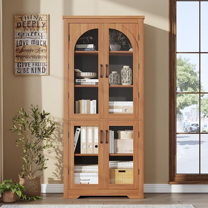 Garvee 70" Tall Kitchen Pantry Cabinet - Modern Display Cabinet with 4 Arched Glass Doors and Adjustable Shelves, Versatile Cupboard Organizers for Kitchen, Dining Room, Living Room, Bathroom, Walnut