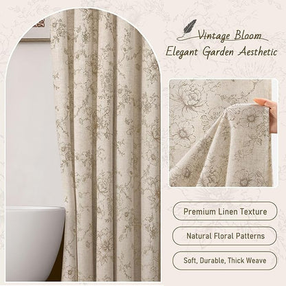 Farmhouse Floral Linen Shower Curtain, Vintage Tan Pattern Rustic Shower Curtains for Bathroom, Taupe,72x72