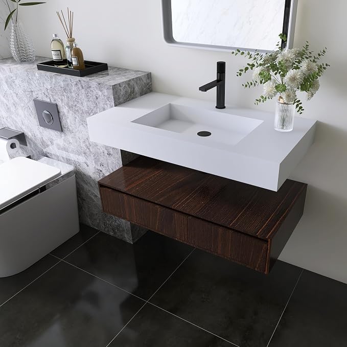35'' Wall Mount Sink, Artificial Stone Bathroom Sink, Single Hole | Matte Bathroom Vanity Vessel Sinks, Rectanglee Indoor Modern Floating or Countertop Freestanding Wall Hang Sink Bowl