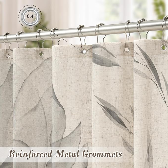 Litabel Farmhouse Grey Floral Linen Shower Curtain, Boho Vintage Spring Cotton Shower Curtains for Chic Elegant Bathroom Decor, Ink Painting Style Blossom Fabric Bath Curtain, 72 x 72
