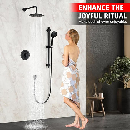 sumerain Matte Black Rain Shower System with Adjustable Slide Bar, Rainfall Shower Faucet Fixture with Handheld, Included Valve and Trim Kit