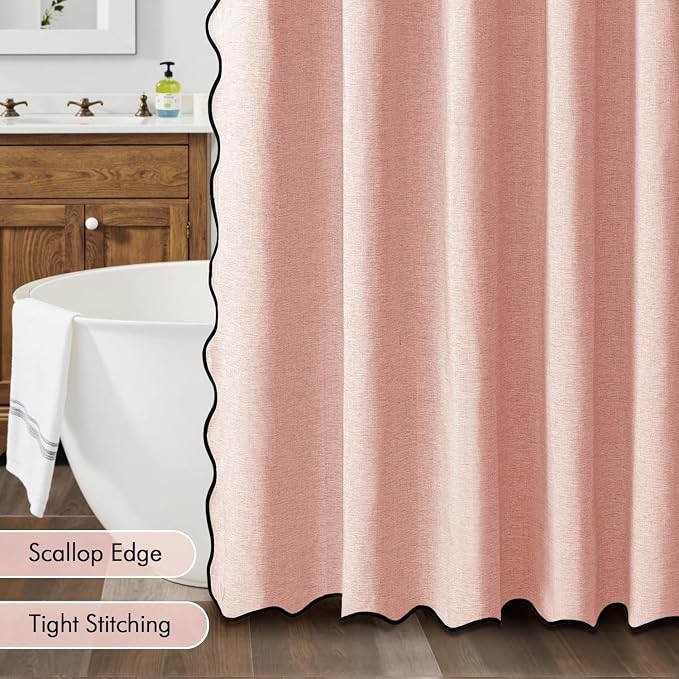 MIULEE 72"x84" Extra Long Scalloped Linen Shower Curtain Blush Pink | Linen Textured, Waterproof, Washable, 12 Metal Hooks, Heavy Duty Cloth, Black Border, Shower Curtain for Bathroom Bathtub