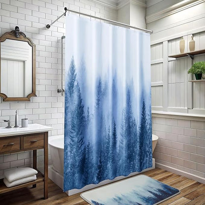 ORTIGIA 60x72 Misty Forest Stall Shower Curtain for Small Bathroom, Blue Narrow Nature Woodland Shower Curtain Set with Hooks, Waterproof Fabric Pine Tree Fog Magic Home Bath Curtain