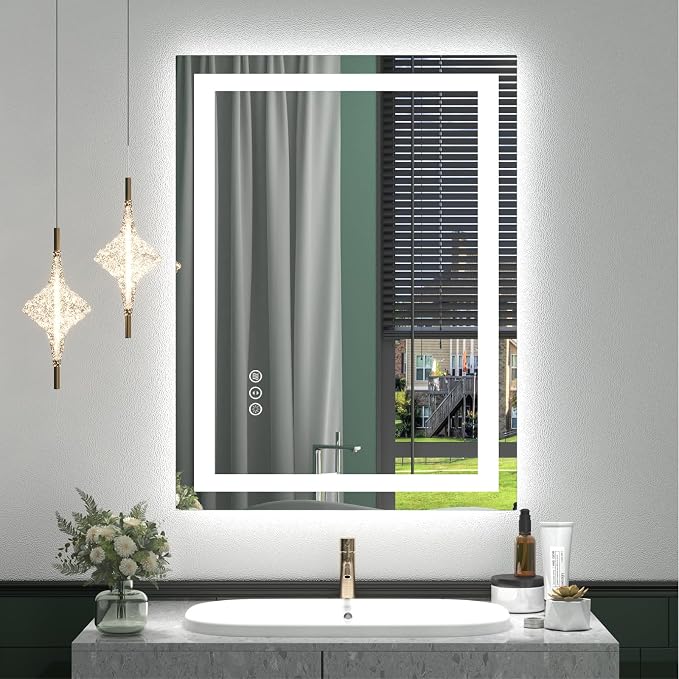 24x32 LED Lighted Bathroom Mirror for Vanity Wall | Front Light and Backlit, Anti-Fog, Memory, 3 Color, Tempered Glass, Dimmable, Rectangular, UL, Horizontal/ Vertical Mounted