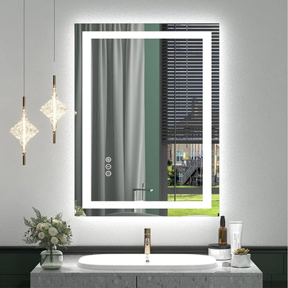 24x32 LED Lighted Bathroom Mirror for Vanity Wall | Front Light and Backlit, Anti-Fog, Memory, 3 Color, Tempered Glass, Dimmable, Rectangular, UL, Horizontal/ Vertical Mounted