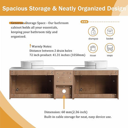Malwee 72" Floating Bathroom Vanity with Sink, 72 Inch Wall Mounted Bathroom Cabinet Combo, Modern Double Sink Bath Storage Vanity Set, with 4 Soft Close Doors and Ceramic Vessel Basin Top(72-400