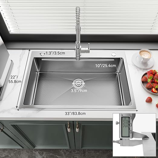YITAHOME Drop In Kitchen Sink Workstation 33in | 304 Stainless Steel Single Bowl Top Mount Sink w/Ledge & Accessories, Honeycomb Surface Design, 33 x 22 x 10 in, Silver