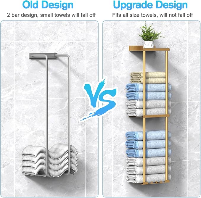 Liuoud Towel Rack for Bathroom, Wall Mounted Vertical Rolled Towel Storage Organizer Holder with Shelf, Holds Up 6 Large Bath Sheets, Gold