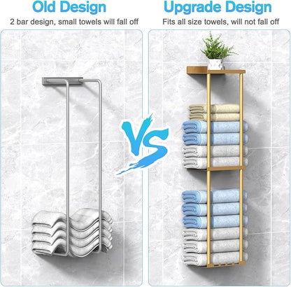 Liuoud Towel Rack for Bathroom, Wall Mounted Vertical Rolled Towel Storage Organizer Holder with Shelf, Holds Up 6 Large Bath Sheets, Gold