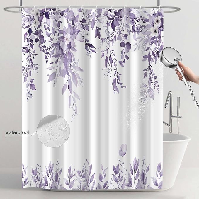 Light Purple Floral Eucalyptus Shower Curtain with Hooks, 72x72 Inch