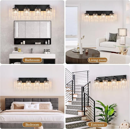 maesta Black Bathroom Light Fixture,4 Light Modern Vanity Light Over Mirror | Modern Vanity Light, Black Metal & Crystal Glass Fixture, Anti-Rust, Easy to Install for Bathroom Hallway Bedroom Entryway