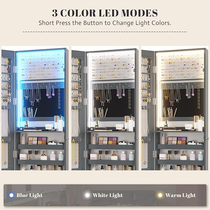 Vlsrka 47.2" Jewelry Armoire Organizer, Wall/Door Mounted Jewelry Cabinet | Built-in LED Mirror, Large Lockable Hanging Full Length Mirror with Jewelry Storage, 4 Drawers, 5 Shelves for Women, Gray