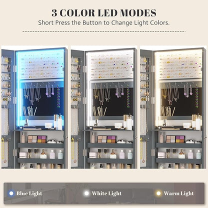 Vlsrka 47.2" Jewelry Armoire Organizer, Wall/Door Mounted Jewelry Cabinet | Built-in LED Mirror, Large Lockable Hanging Full Length Mirror with Jewelry Storage, 4 Drawers, 5 Shelves for Women, Gray