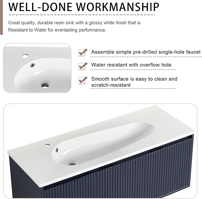 SSLine Modern 48" Floating Bathroom Vanity with Sink Wall Mounted Bathroom Vanity with Top Basin & Storage Cabinet Navy Blue Wood Hanging Vanity w/Drop-Shaped Resin Sink for Small Space