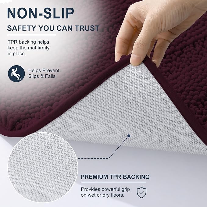 Smiry Thick Small Chenille Bathroom Rugs 24x16, Soft Bath Mat, Black Cherry | Quick‑Dry & Machine Washable, Non‑Slip Bath Carpet, Striped Bath Rugs for Tub & Shower, Modern Home Decor Accessories