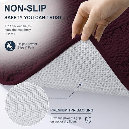 Smiry Thick Small Chenille Bathroom Rugs 24x16, Soft Bath Mat, Black Cherry | Quick‑Dry & Machine Washable, Non‑Slip Bath Carpet, Striped Bath Rugs for Tub & Shower, Modern Home Decor Accessories
