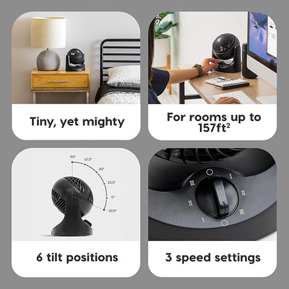IRIS USA WOOZOO Small Desk Fan, Air Circulator, 3 Speeds, 32ft Max Air Distance, 120° Adjustable Tilt, 27.5db Quiet Motor, Small Fan for Bedroom, Office, Dorm, Black