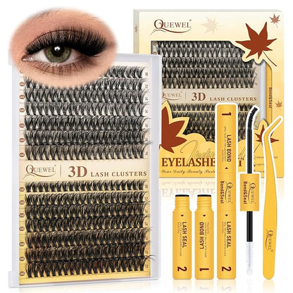 QUEWEL Lash Clusters Kit, 280Pcs 40D+50D 3D Lash Cluster Eyelash Extensions | 10-18mm Volume Individual Lashes with Lash Bond and Seal and Lash Tweezers Easy DIY at Home(40D+50D 3D Kit)