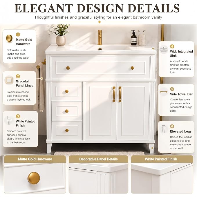 Bellemave 36" Bathroom Vanity with Sink, Bathroom vanities, Green Bathroom Vanity with Drawers, Sink Cabinet, White, 36Inch