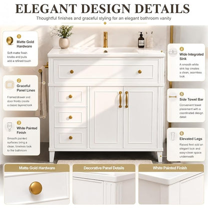 Bellemave 36" Bathroom Vanity with Sink, Bathroom vanities, Green Bathroom Vanity with Drawers, Sink Cabinet, White, 36Inch