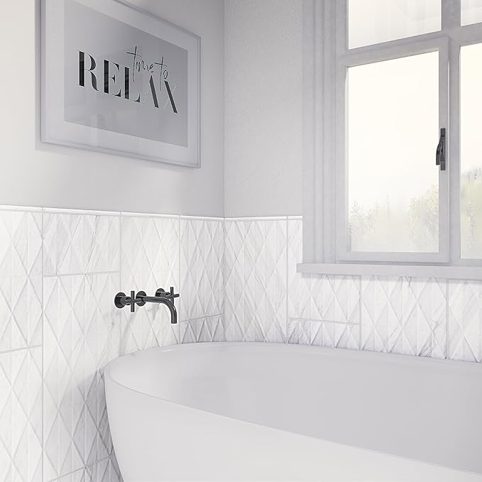 Daltile Perpetuo 12" x 24" Marble Look Ceramic Multi-Geometric Wall Tile in Satin Timeless White for Kitchen Backsplashes, Living Room or Bathroom Walls | (8 PC Per Carton) (15.52 SQFT Per Carton)
