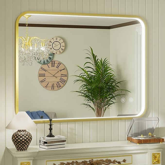 40x30 Inch Gold LED Bathroom Mirror with Lights,3000K/4500K/6000K | Stepless Dimmable, Anti-Fog, Memory Function, Aluminum Frame Wall Mount Lighted Vanity Mirror, ETL Listed, IP54 Waterproof