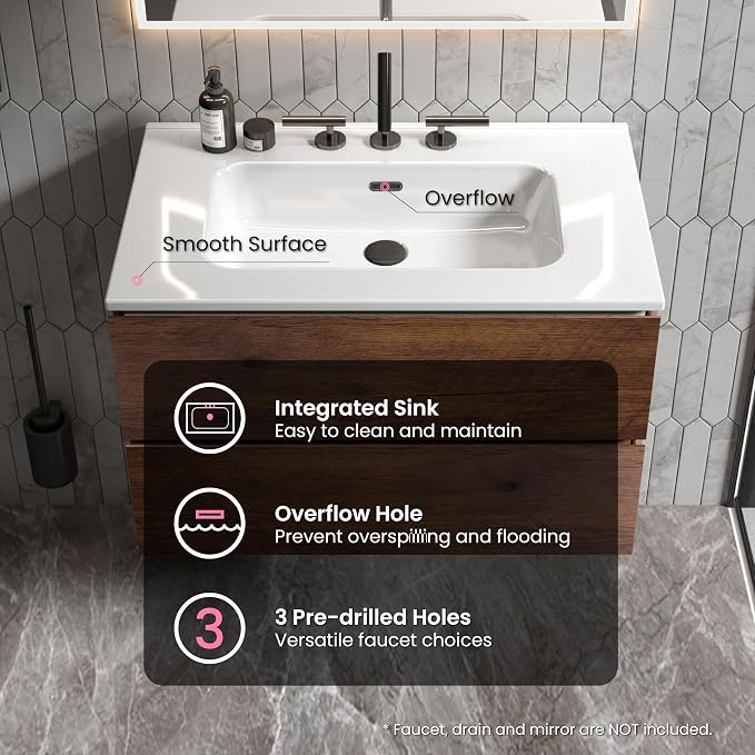 30" Bathroom Vanity with Sink, Modern Floating Vanity with Two Soft-Close Drawers, Large Storage for Small Space, Walnut, Fully Assembled - Iris Collection