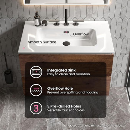 30" Bathroom Vanity with Sink, Modern Floating Vanity with Two Soft-Close Drawers, Large Storage for Small Space, Walnut, Fully Assembled - Iris Collection