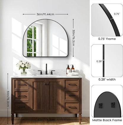 BONEWEI Arched Wall Mirror,36"x30" inch Black Arched Mirror Bathroom,Vanity Mirror for Over Sink Metal Frame,Tempered Glass Arch Mirrors for Bedroom,Entryway,Living Room,Home Decor Shatter-Proof